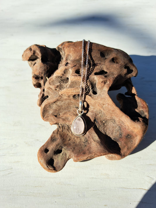 Rose Quartz Tear Drop Silver Necklace